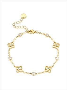 14K Gold Plated Four Leaf Clover Cubic Zirconia Bracelet Women Link Chain